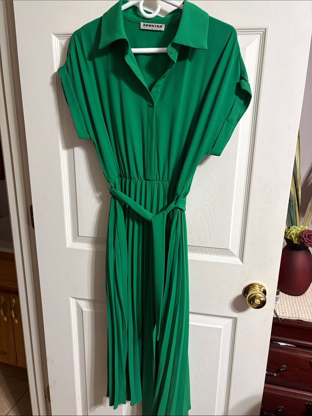 EcoVish Green Belted Midi Shirt Dress